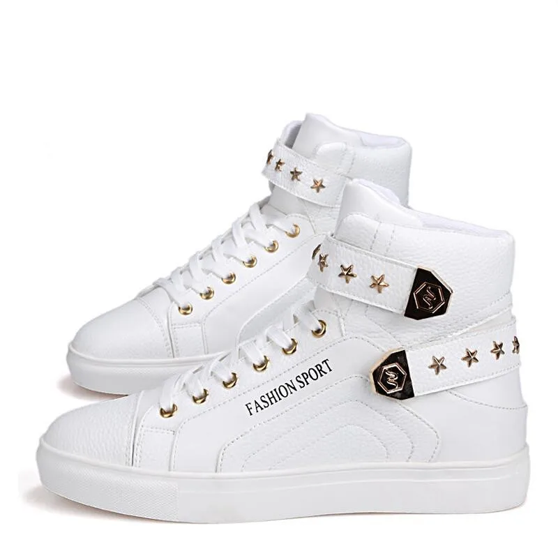 Мужские высокие кроссовки со звездами белые Дизайнерские повседневные кожаные