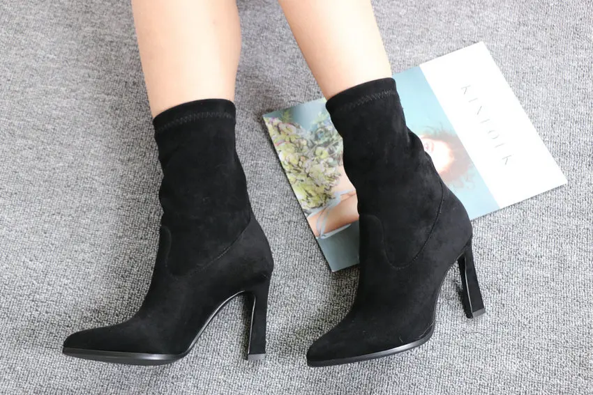 QUTAA New Winter Stretch Ankle Boots Sexy Hoof High Heels Women Shoes Platform Pointed Toe Slip on Short Boots Size 34-43