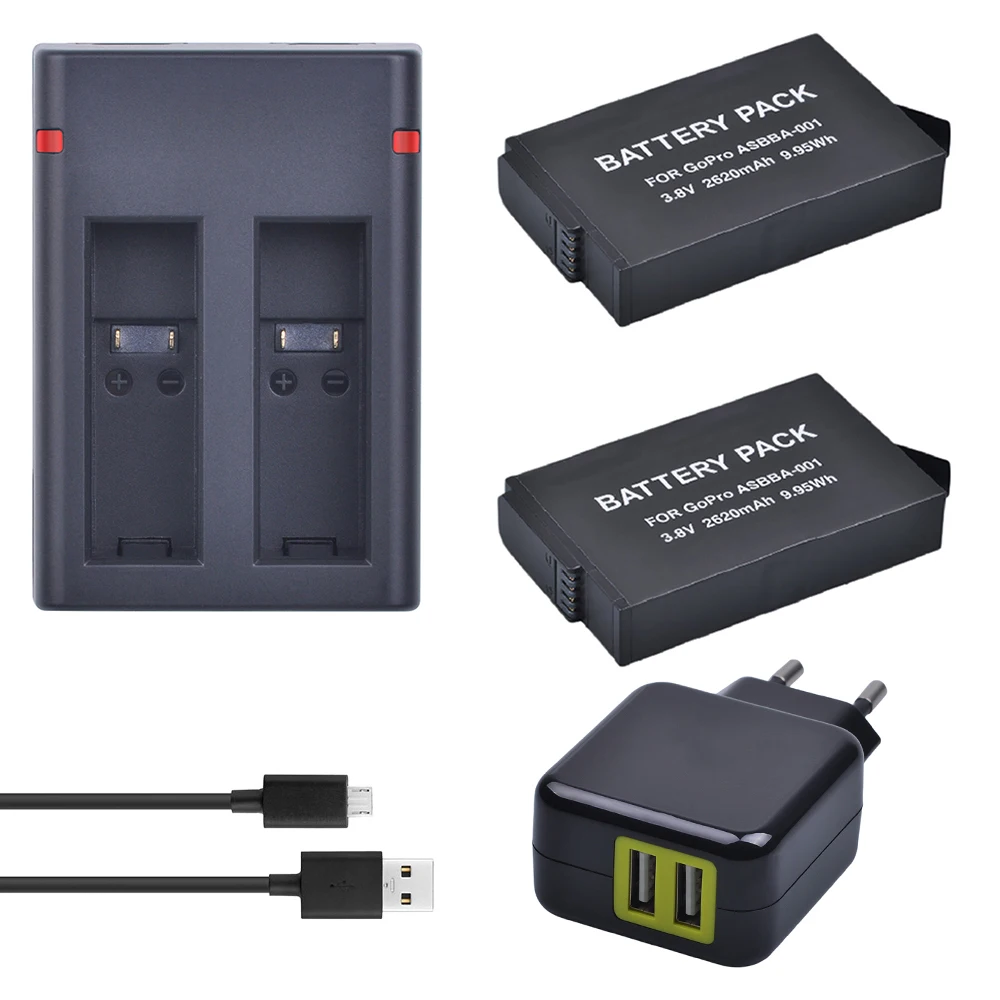 Tectra 2Pcs 2620mAh GoPro ASBBA 001 аккумулятор + 2 канальное USB двойное зарядное устройство EU/US