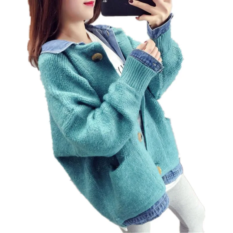 

2019 New Fashion Spring Women's Cardigan Large Size Sweater Stitching Knit Fake Two Loose Cardigan Sweater Casual Female M064