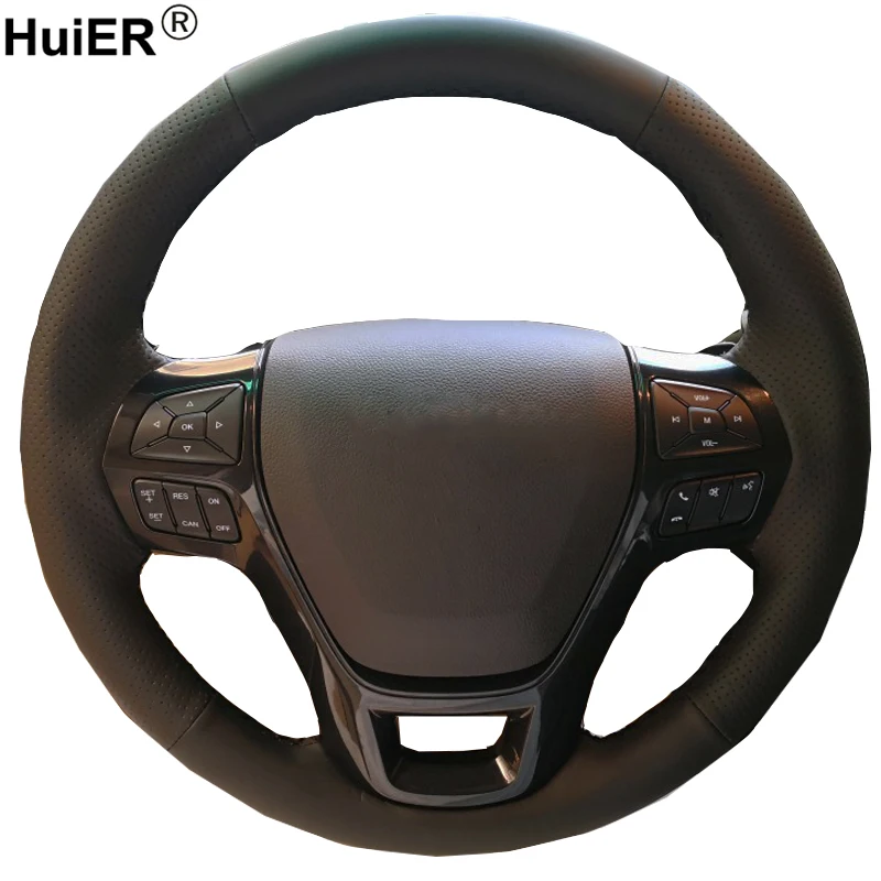 Чехол на руль автомобиля HuiER Износостойкий чехол из черной кожи для руля Ford Explorer