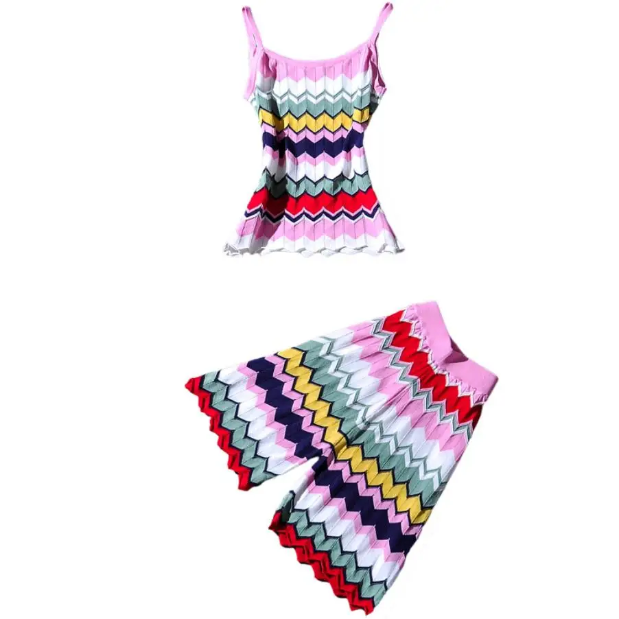 

Women 2020 Summer Hit Color Wavy Striped Spaghetti Straps Vest Top +High Waist Shorts Two Piece sets