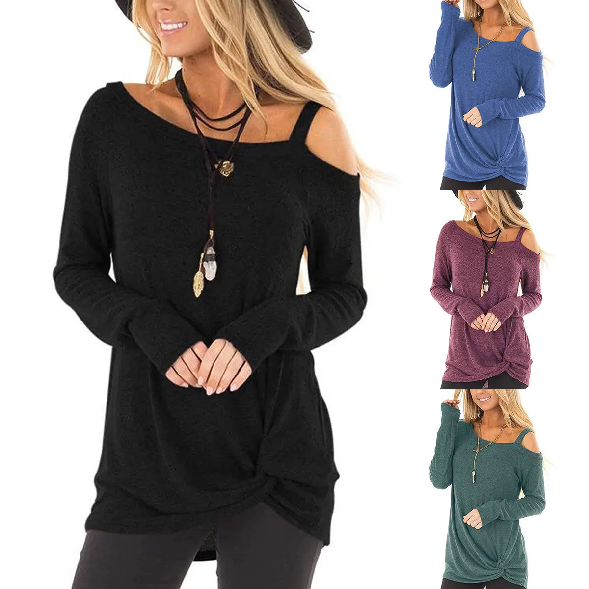 Женская футболка Suvance Повседневная Длинная Однотонная со скошенным воротником 4