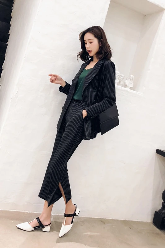 

New Arrival Women Casual Blazer Suits Striped Jacket Ankle-length Pant Female Two Piece Set Homewear office lady