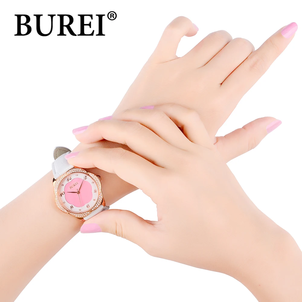 BUREI белые кожаный ремешок наручные часы из нержавеющей алмазов цветок Стальной