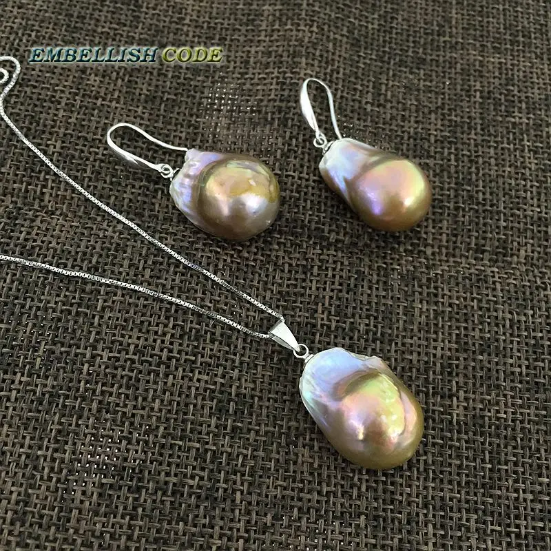 purple golden color baroque pearl set hook dangle earrings pendant large size fireball pear shape natural freshwater pearls | Украшения и