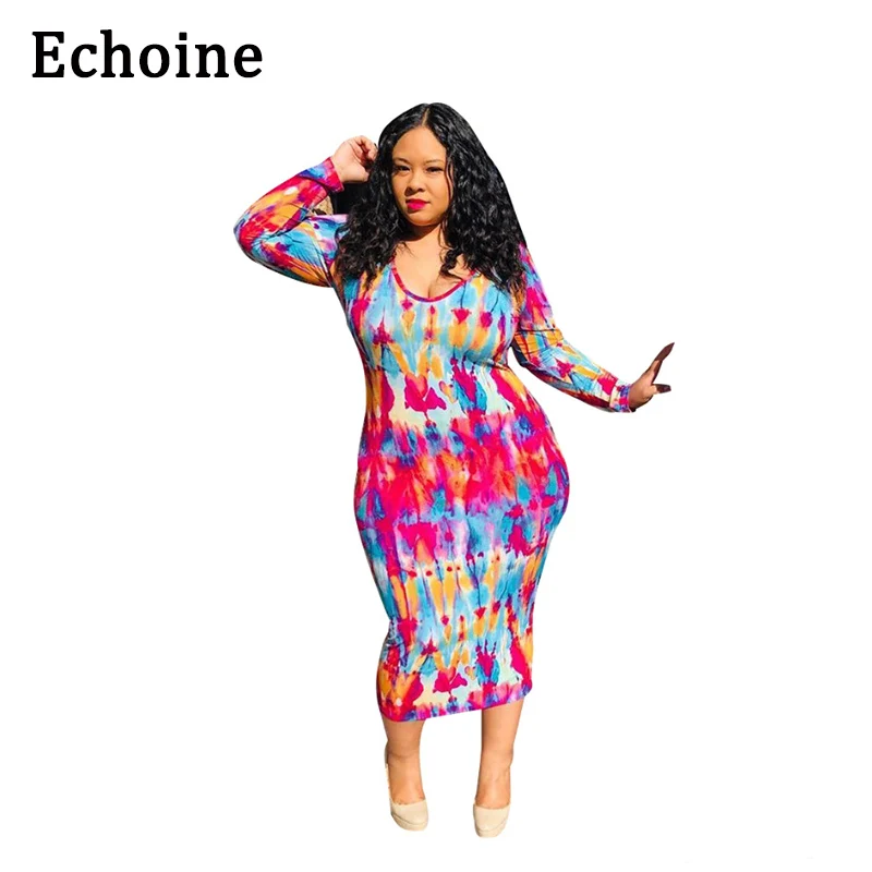 Echoine Плюс Размер XL-4XL секси галстук краситель печати платье o-образным вырезом с