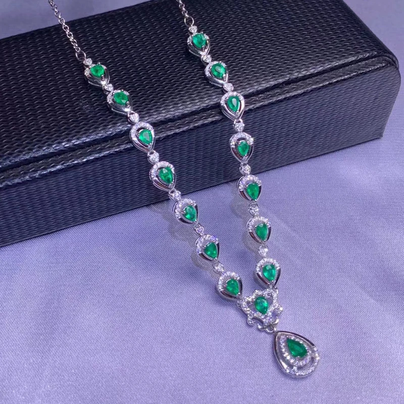 Женское ожерелье из серебра 925 пробы с натуральным изумрудом 16 штук | Украшения и