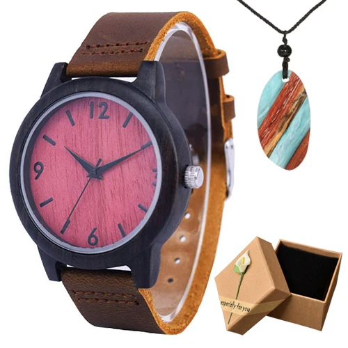red watch box gift Бамбуковые деревянные часы мужские минималистичные дизайн из натуральной кожи ремешок кварцевые наручные мужские часы как подарки relogio masculino - Цвет: red watch box gift