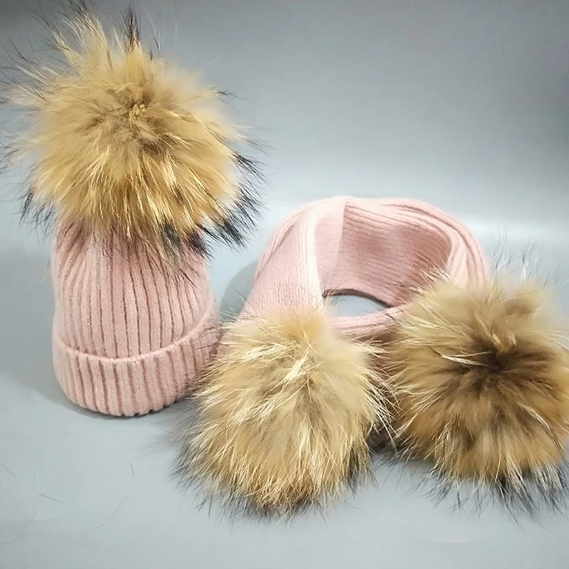 

Parent Child Pom Pom Beanie Wool Knitted Warm Hats For Women Girls Real Fur Pompom Hat and Scarf Set Winter Hat Skullies