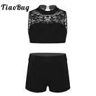 Детский подростковый цветочный кружевной кроп-топ без рукавов TiaoBug с шортами танцевальная одежда для девушек спортивный костюм для балета