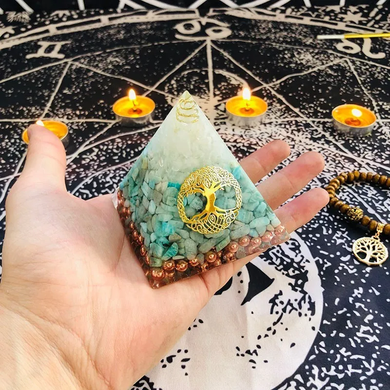 Orgonite Pyramid Raziel Vishuddha Chakra White Crystal Amazonite Resin Jewelry Decoration Faith Creativity Pyramid