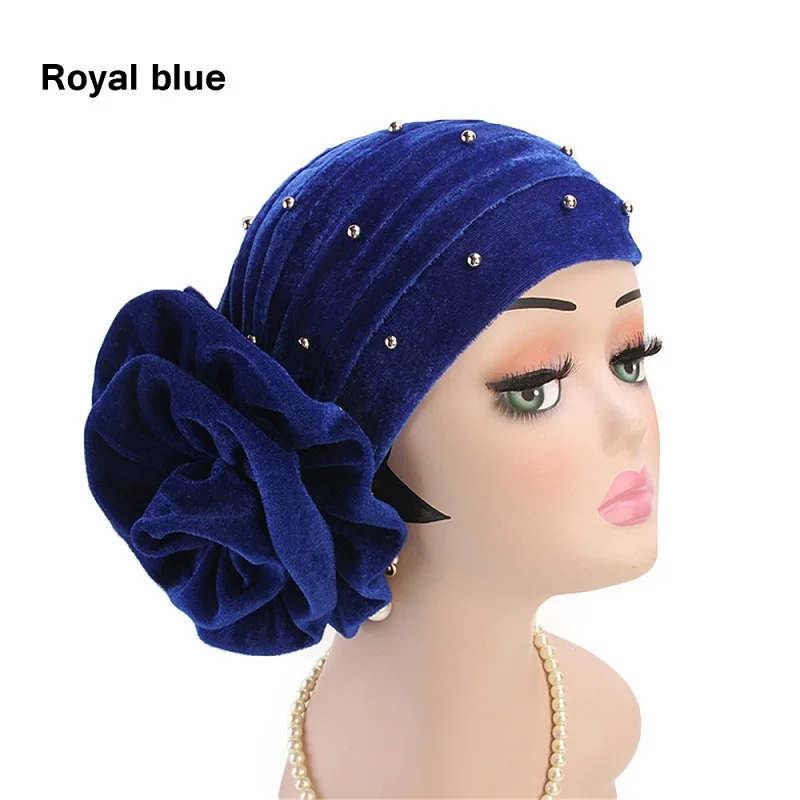 royal blue Женский большой цветок бусины мусульманский хиджаб колпачок золото бархат Элегантный Индийский тюрбан шапка исламский Джерси химиотерапия шляпа дамы головной шарф крышка - Цвет: royal blue