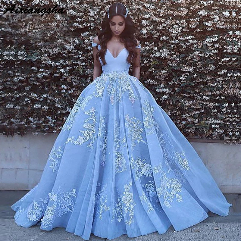 

Gelinlik Ball Gown Sleeveless Off-the-Shoulder Appliques Tulle Sweep Train Blue Wedding Dress Bridal Dresses