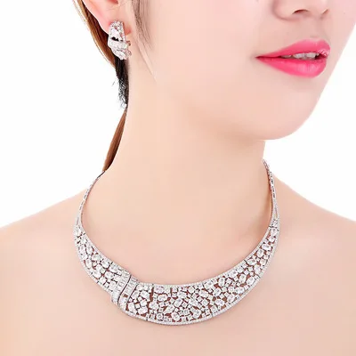 BE8 Brilliant Cubic Zirconia Bridal Jewelry Set For Women New Fashion Dubai Choker Necklace Sets Dress Accessories S-021 | Украшения и