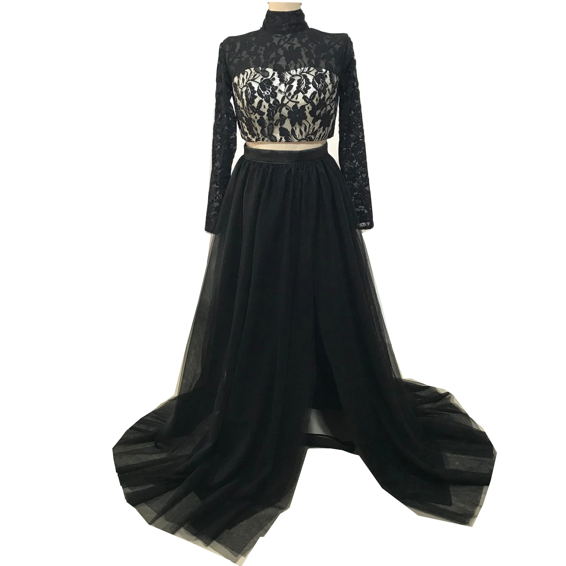 

Кружевное Тюлевое платье до бедра с разрезом, костюм из двух предметов, черное платье