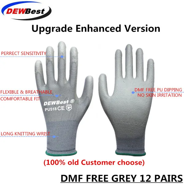 Grey DMF 12pairs DEWBest guantes trabajo безопасности работы Перчатки Pu защитные рабочие перчатки 24/, 12 пар носочков на автомобильной сборки Перчатки - Цвет: Grey DMF 12pairs