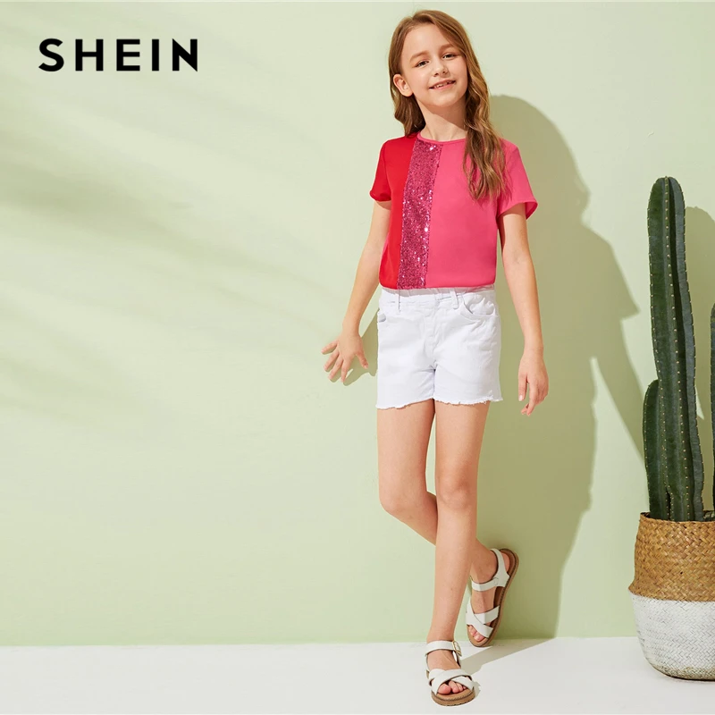 SHEIN Kiddie/Милая однотонная блузка с воротником-стойкой и оборкой для девочек детская одежда г., летний рукав-волан, топы с оборками на пуговицах сзади