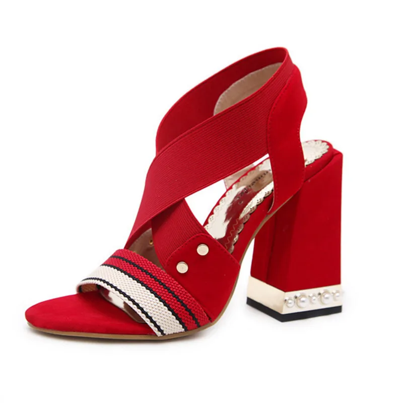 RUIDENG women sandals super high heel red black elastic band fashion party wedding shoes crystal 11cm lady square shoe | Обувь