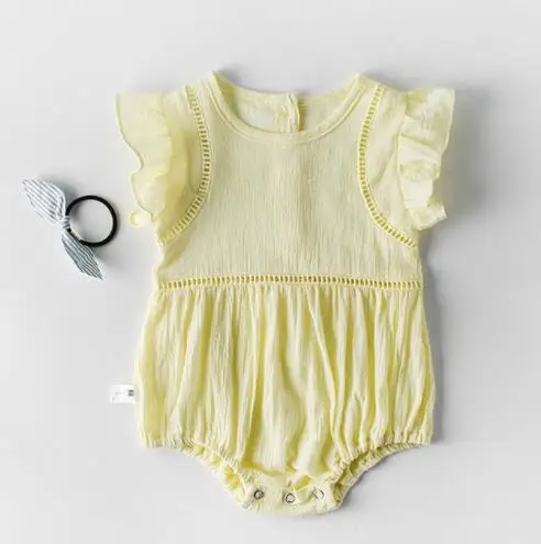 yellow Летние Комбинезоны для маленьких девочек; одежда для маленьких принцесс с оборками; комбинезон для новорожденных; комбинезоны для новорожденных с шапкой - Цвет: yellow