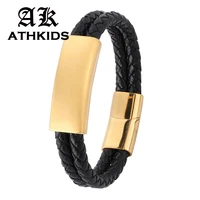 new black genuine braided leather bracelet men gold stainless steel magnetic charms clasp wristband bracelets bangles pd0320s