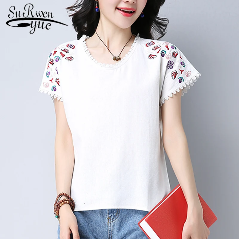 

new 2018 summer women blouse shirt fashion casual o-neck female ladies tops floral embroidery solid women's clothing 0284 40