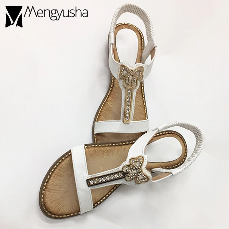 Женские римские сандалии с Т-образным ремешком и кристаллами-бабочками на