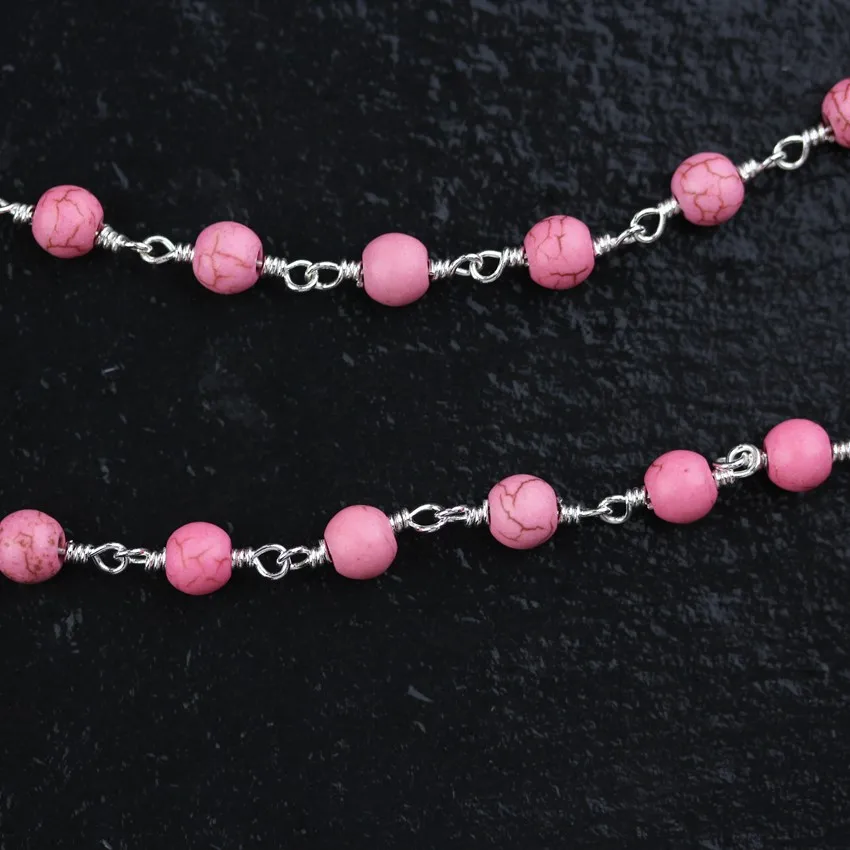 Розовые бирюзовые круглые бусины Howlite Цепи чокер Покрытые Серебряной проволокой