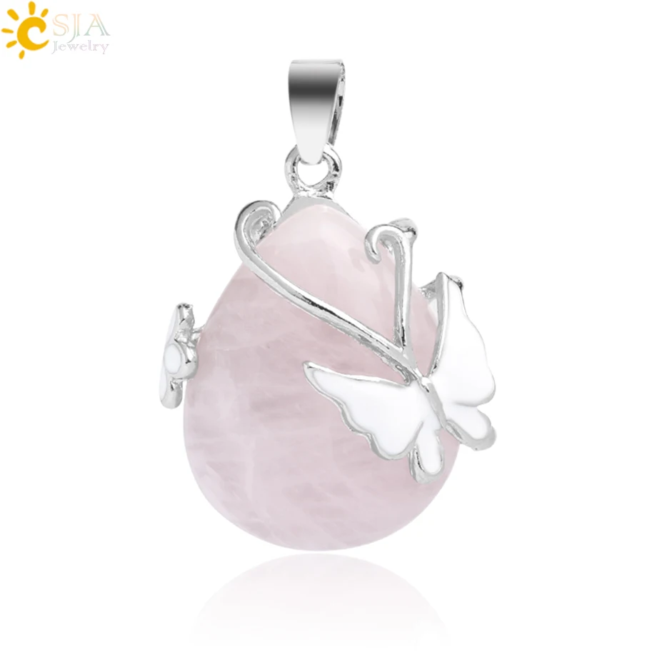 Rose Quartz CSJA капли воды натуральный камень кулон розовый кварц фиолетовый кристалл тигровый глаз бабочка цветок Подвески ожерелье для женщин мужчин G082 - Окраска металла: Rose Quartz