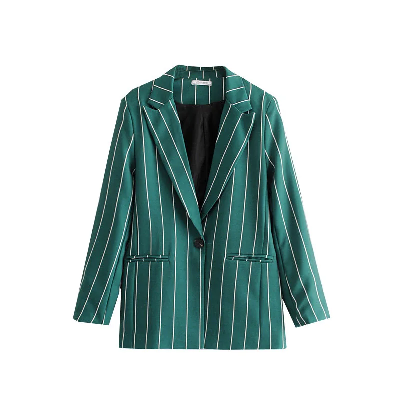 jacket Винтажные шикарные женские костюмы зеленые полосатые брючные костюмы с одной пуговицей зубчатый Блейзер на молнии Прямые длинные брюки повседневные Костюмы - Цвет: jacket