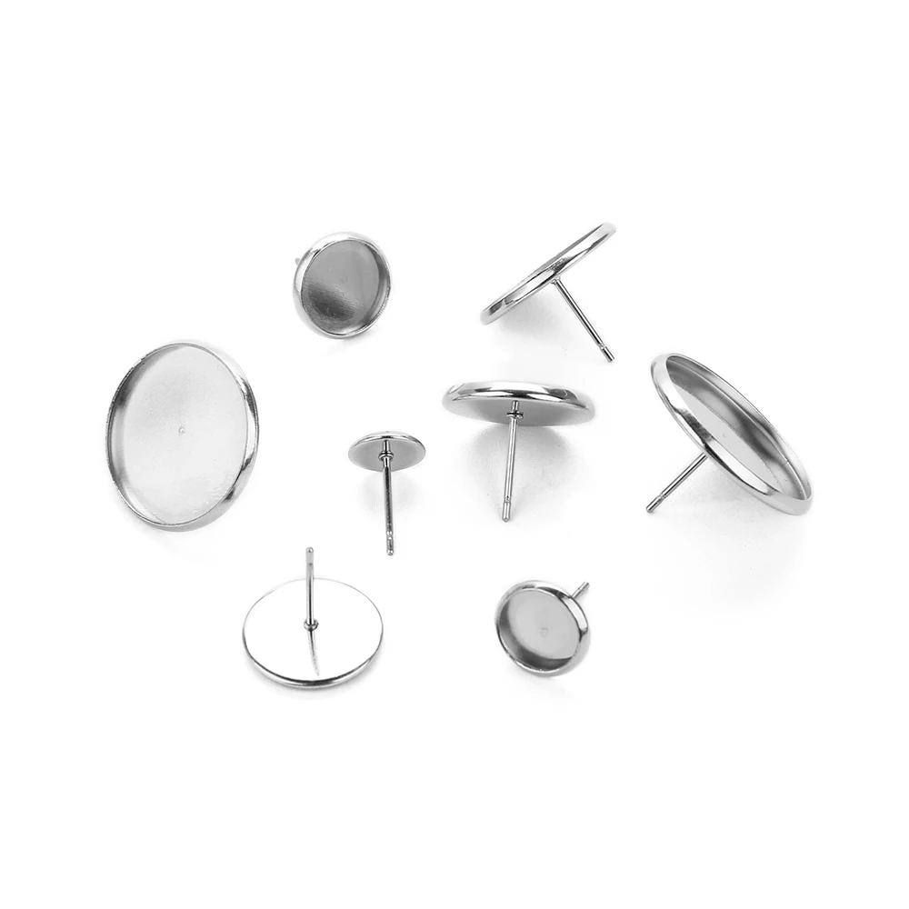 10pcs Stainless Steel Blank Earring Base Cabochon Cameo Bezel 8 10 12 14 16 20mm Round Setting Tray Diy Jewelry Making | Украшения и