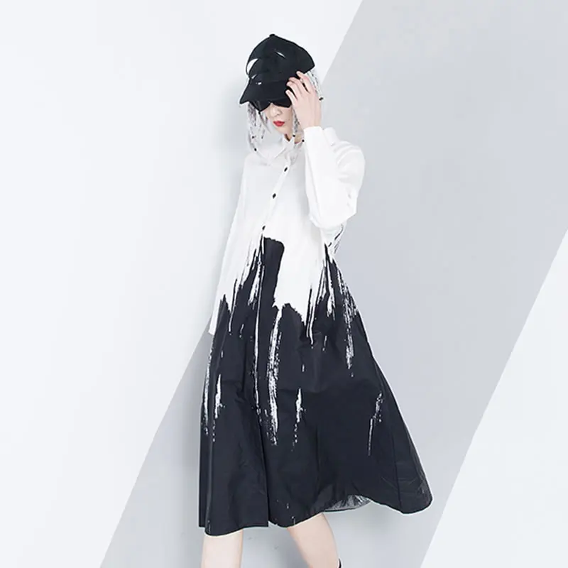 white LYH3102 XITAO с печатным рисунком плюс Размеры миди платье Для женщин Корейский модный комплект для девочек с отложным воротником, в стиле пэчворк, дикий темперамент Джокер LYH3102 - Цвет: white LYH3102