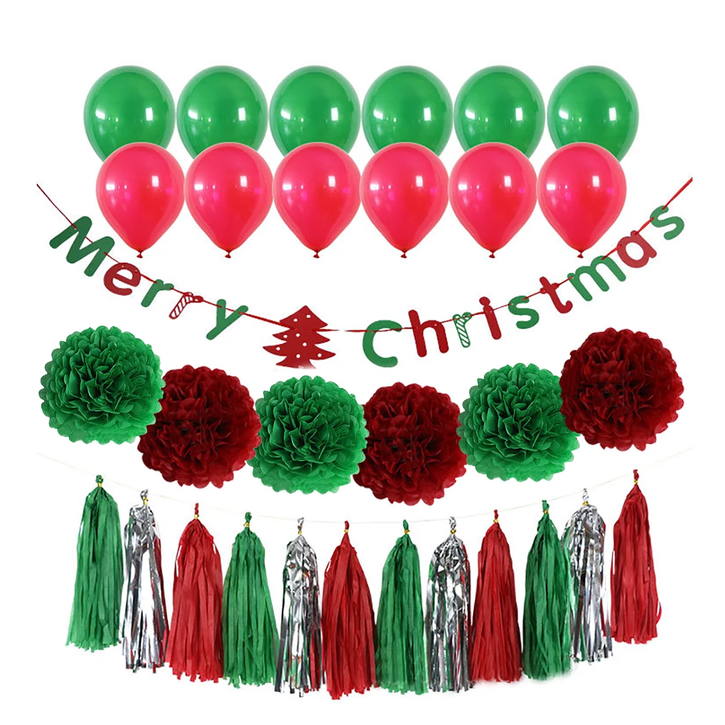 

31PCS Christmas Banner Set Merry Christmas Letter Banner With Balloons Paper Pom Poms And Tassels Party Decor