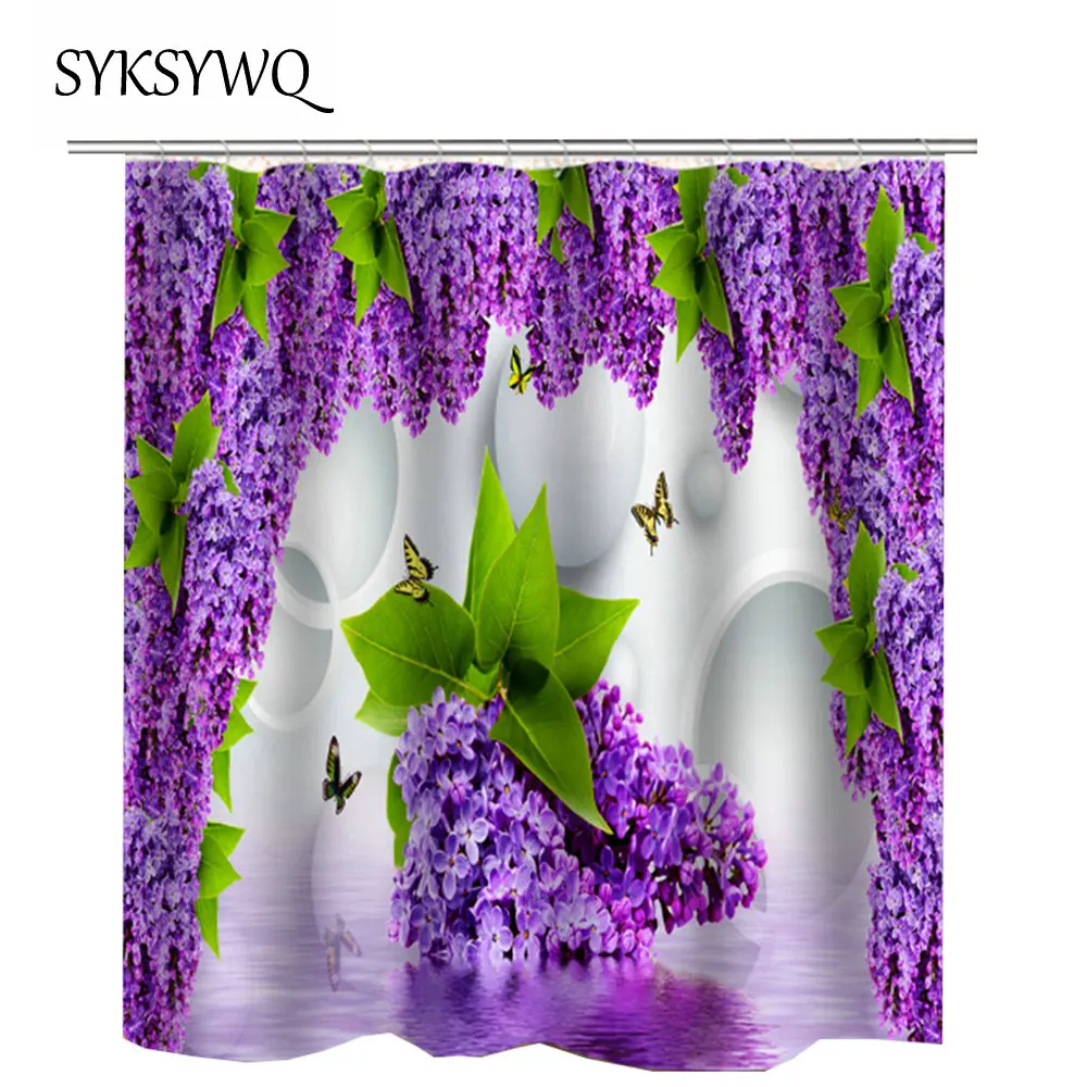 

Занавеска для душа с фиолетовыми цветами и зелеными листьями, занавеска для ванной из полиэстера