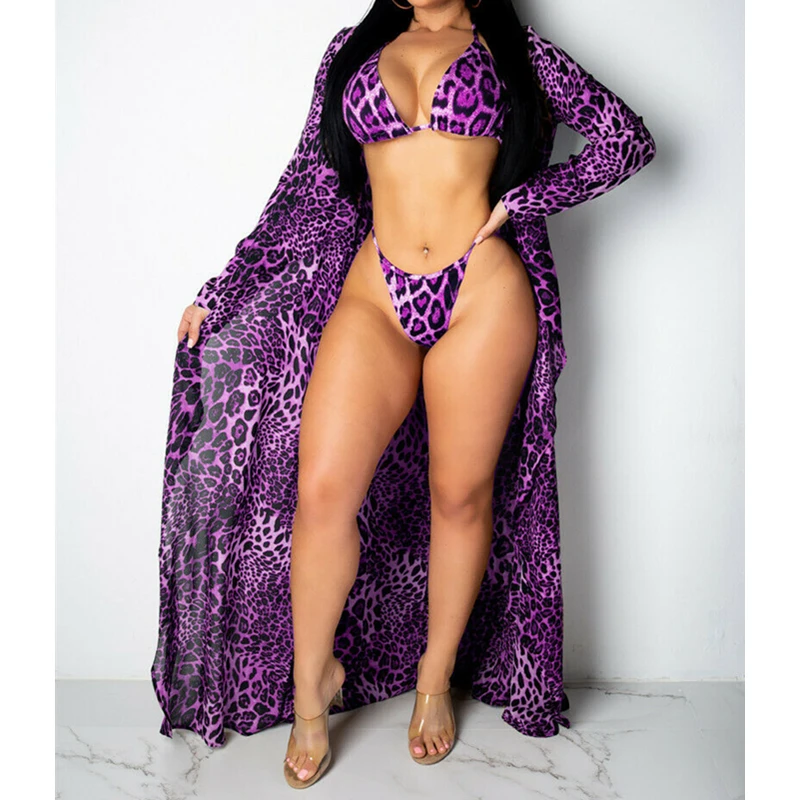 3 шт. Женский комплект бикини + накидка с леопардовым принтом | Спорт и развлечения