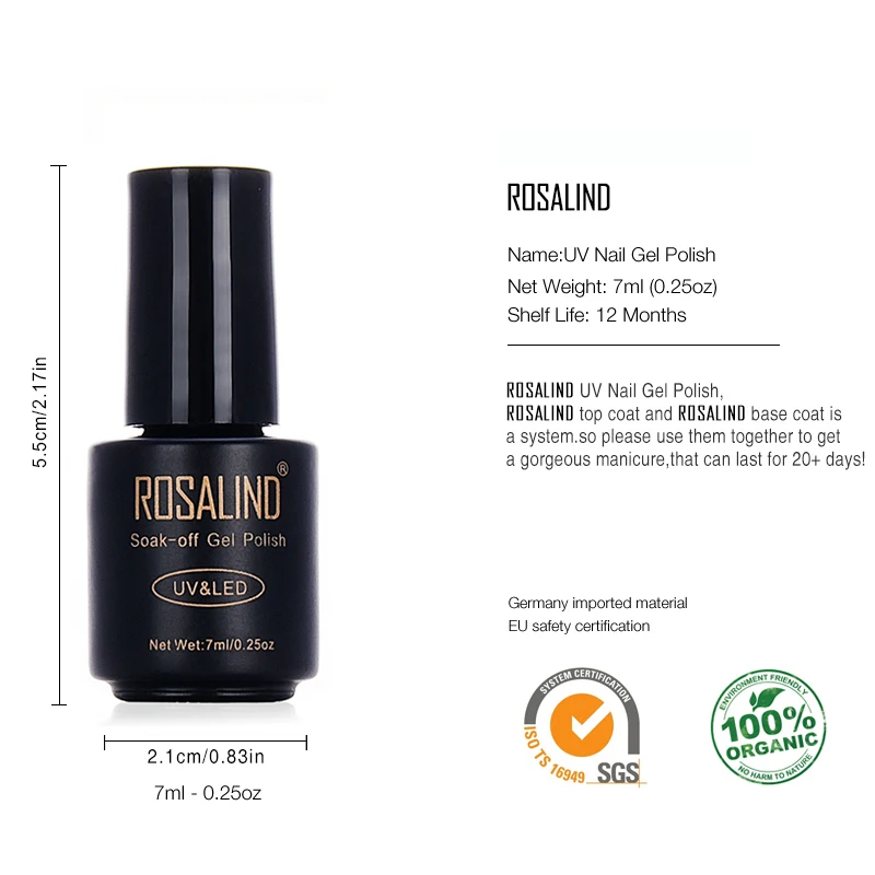Гель лак для ногтей ROSALIND 1 чистый цвет 7 мл 01 30 УФ + LED макарон долговечный Праймер