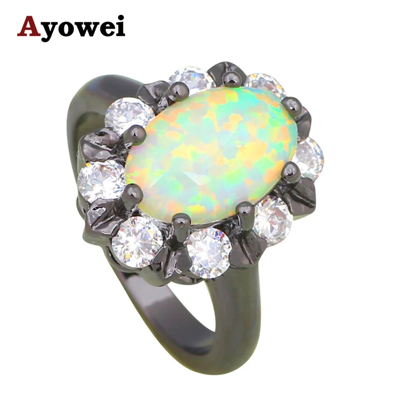 Уникальный дизайн сверкающий циркон Белый огненный опал Черное золото