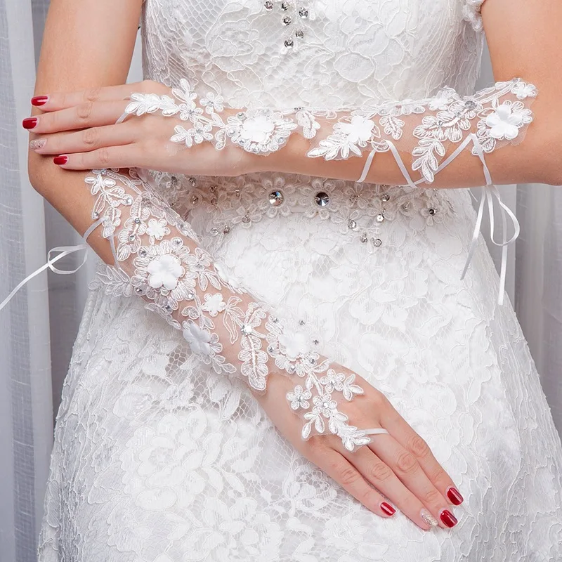 Кружевные свадебные перчатки с бисером и цветочным принтом, 2018 от AliExpress WW