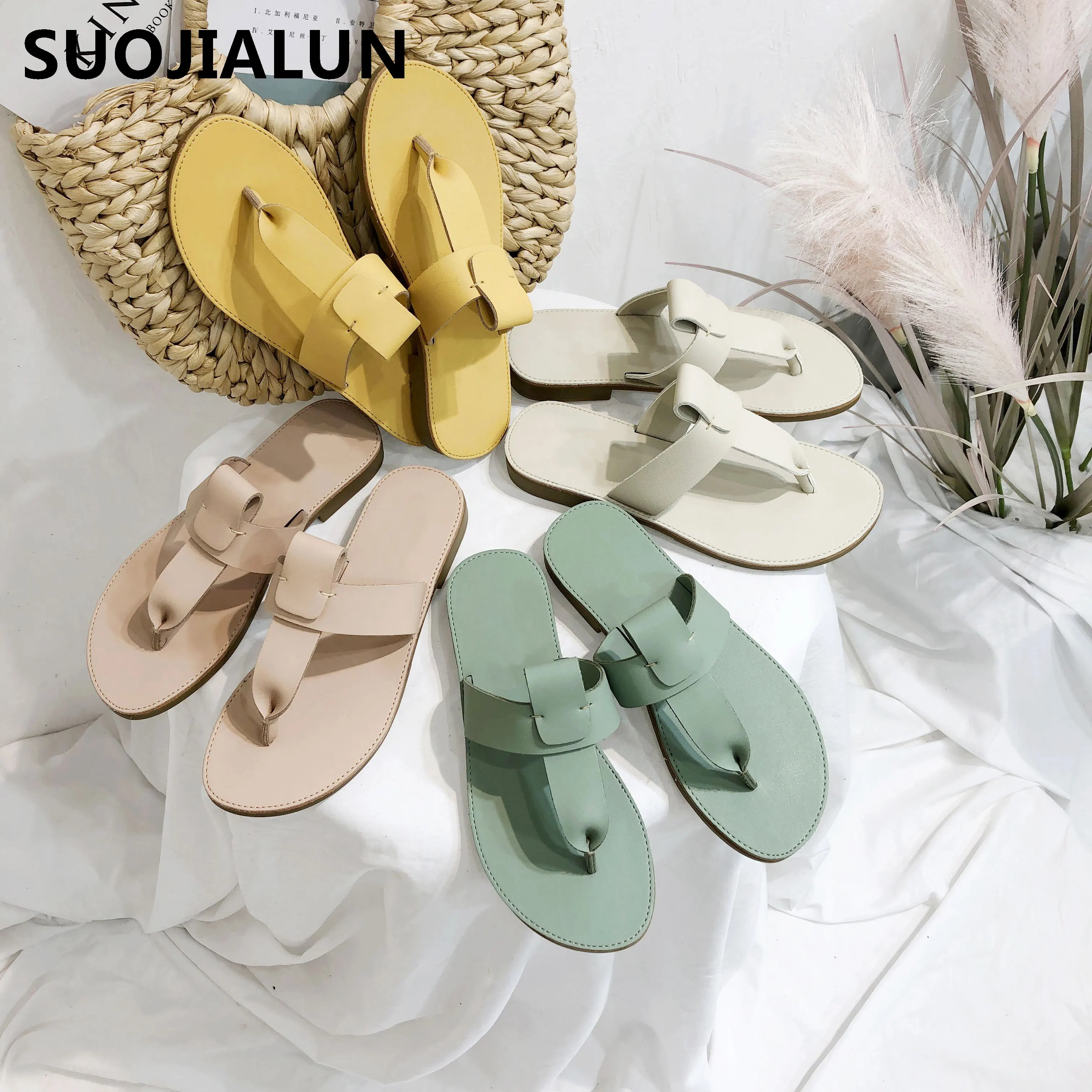 SUOJIALUN 2019 для женщин шлёпанцы летние корейские карамельные цвета плоский сандалии