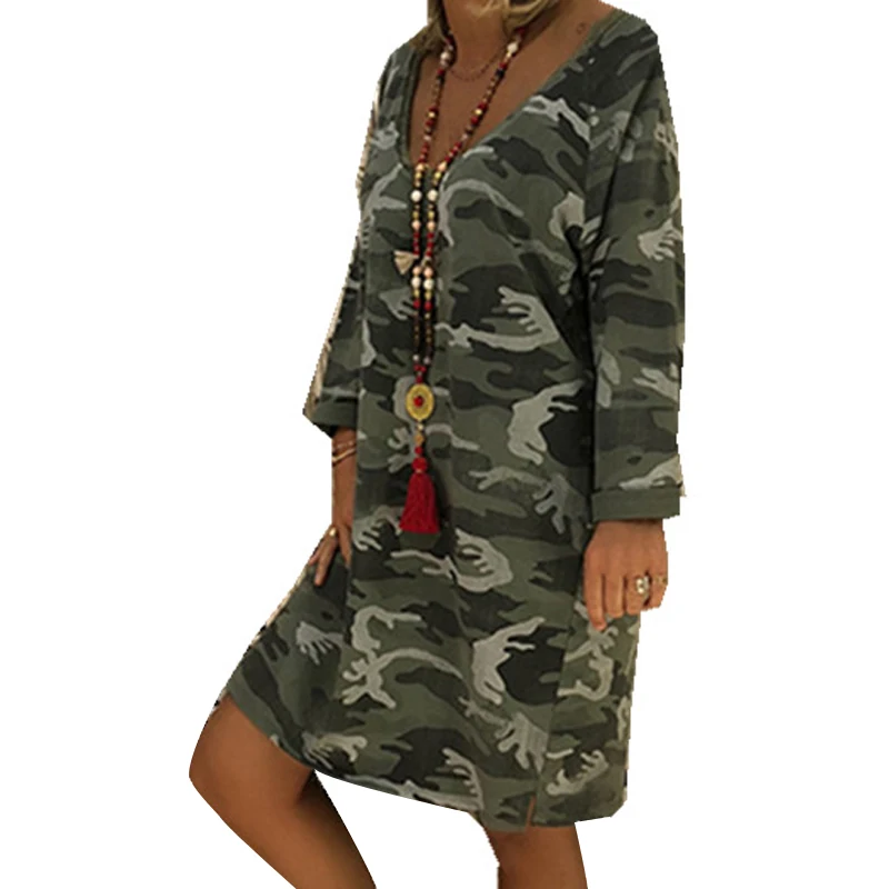 Женское Короткое сексуальное платье с v образным вырезом свободное камуфляжное