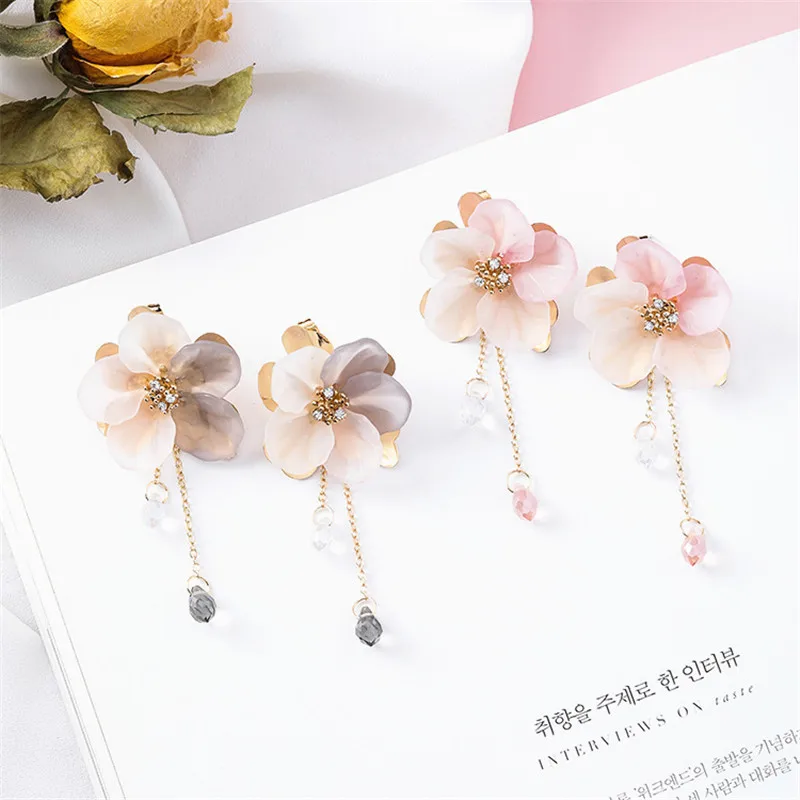 Розовые акриловые длинные серьги с цветком и кисточками для женщин 2019 новые