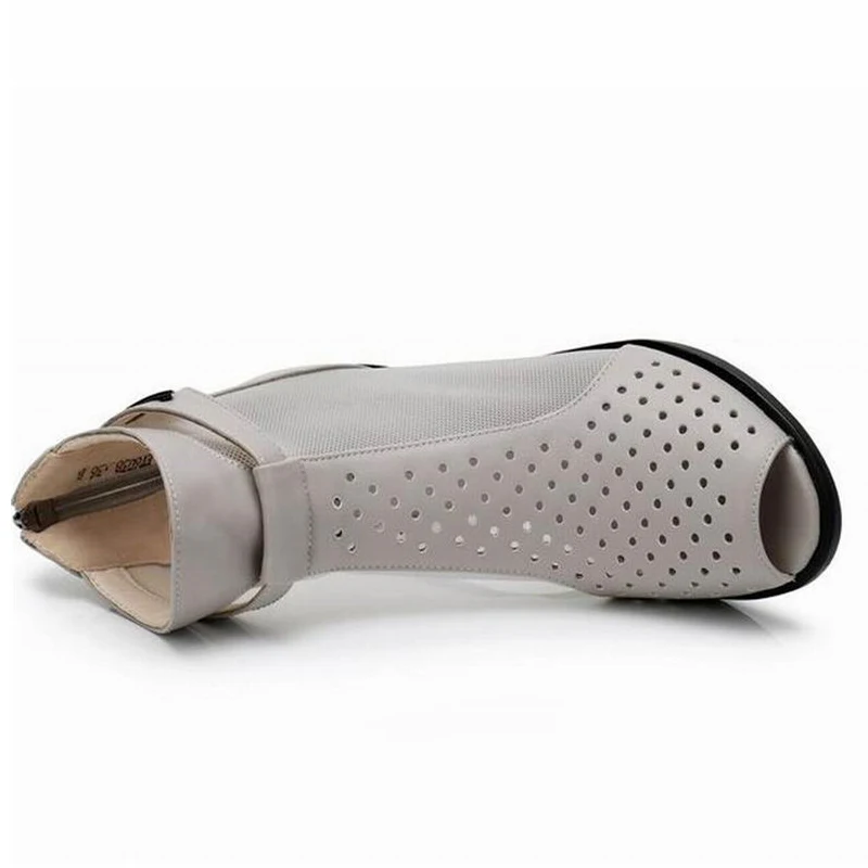 

TIMETANG Genuine Leather New Summer Ankle Boots For Women Fashion Cut-Outs Mesh Zip Sandals Ladies Peep Toe High Heel Shoes