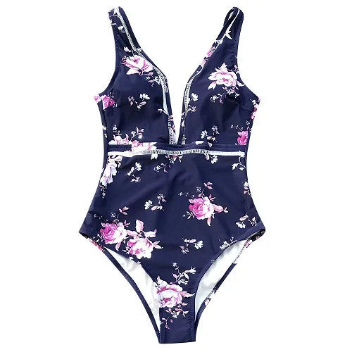 Многоцветный SEASELFIE Floral Print Hollow V neck One-Piece Swimsuit Women Purple Backless Monokini Swimwear Girl Beach Bathing Suits - Цвет: Многоцветный
