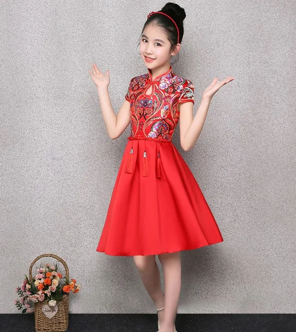 Современное платье qipao с вышивкой в китайском стиле, бальные платья, водолазка с коротким рукавом, платье в китайском стиле для больших девочек, костюм красного, розового цвета