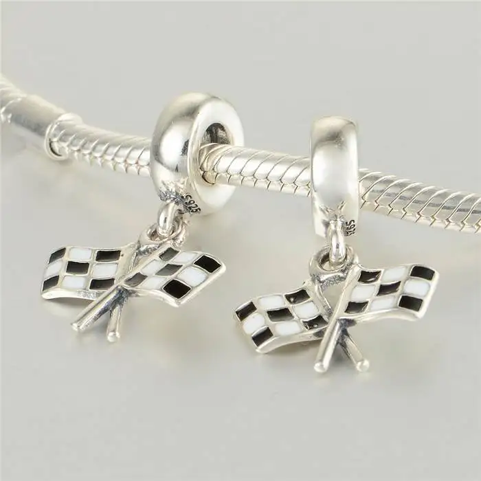 Новый гоночный клетчатый кулон в форме флага из настоящего 925 пробы серебра Diy