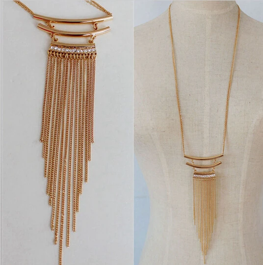 

Fashion Chain Long Tassel Rhinestone Crescent Necklace Jewelry Accessory
