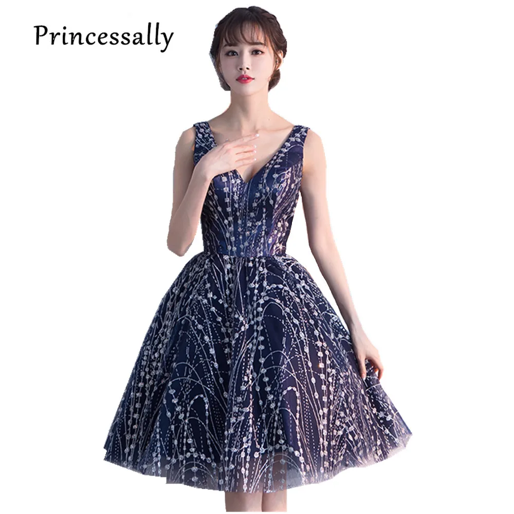 Новинка 2017 элегантное вечернее платье темно синего цвета с серебристыми