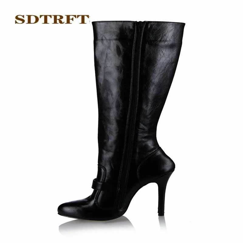 SDTRFT Winter Stilettos 12cm thin heels Knee-High boots Pointed Toe shoes Woman Crossdresser Botas Buckle pumps Plus:35-42 43 | Обувь