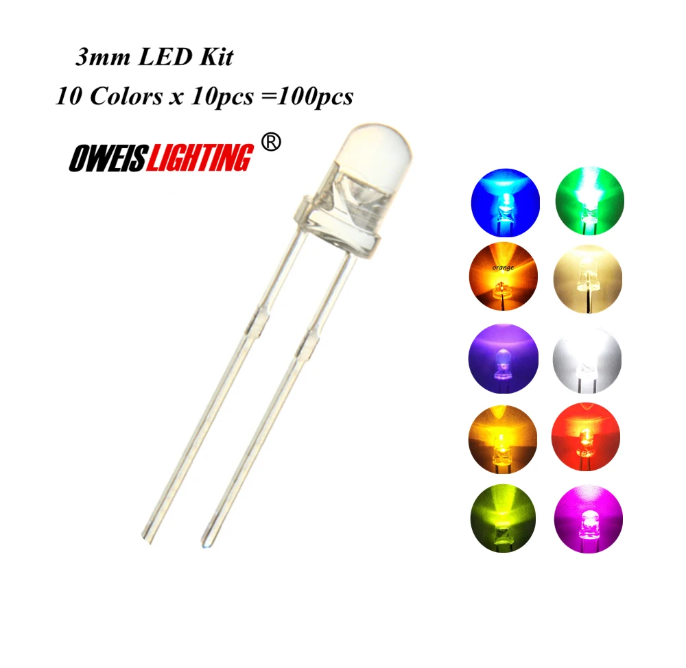 100 шт. 3 мм f3 LED набор теплый белый зеленый красный синий желтый оранжевый