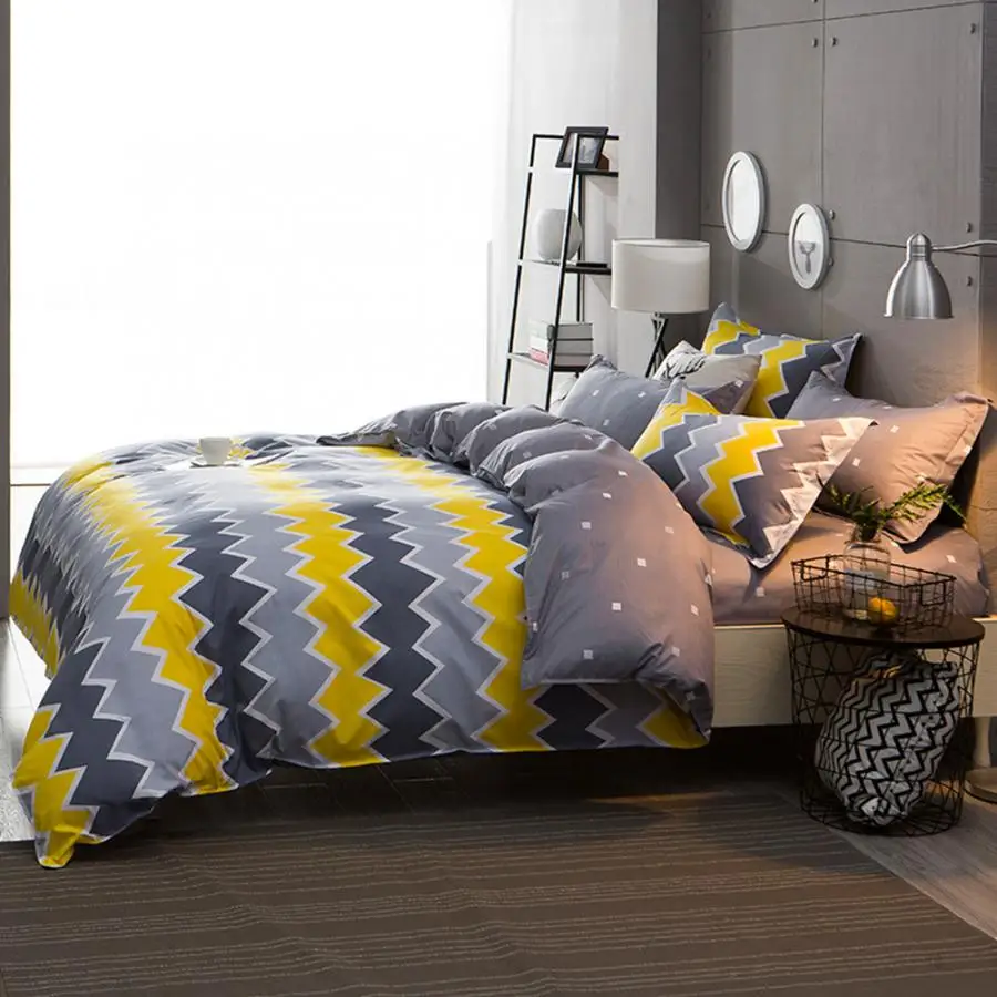 King Size Bedding Comfortable Yellow Waves Printed Flat Sheet Quilt Cover Pillowcases Set Bed Duvet | Дом и сад